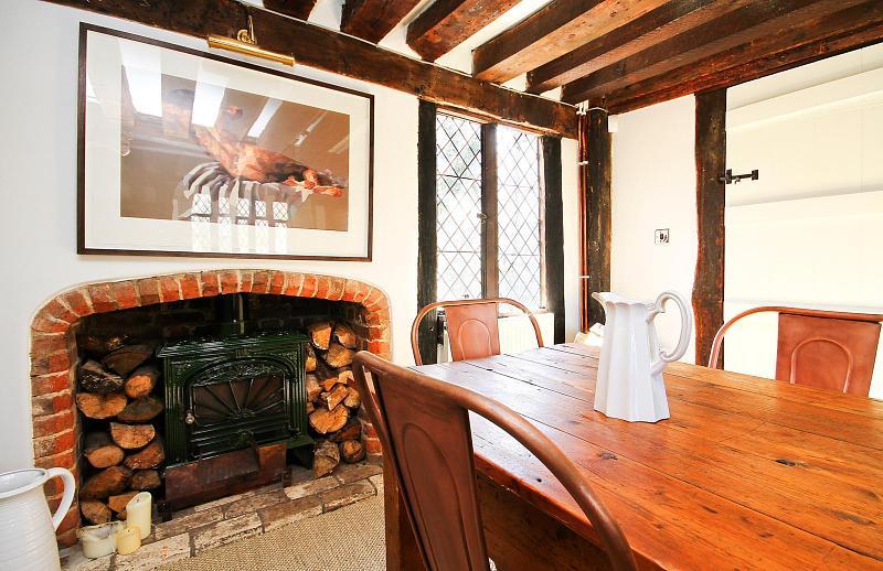 wood burner in dining room