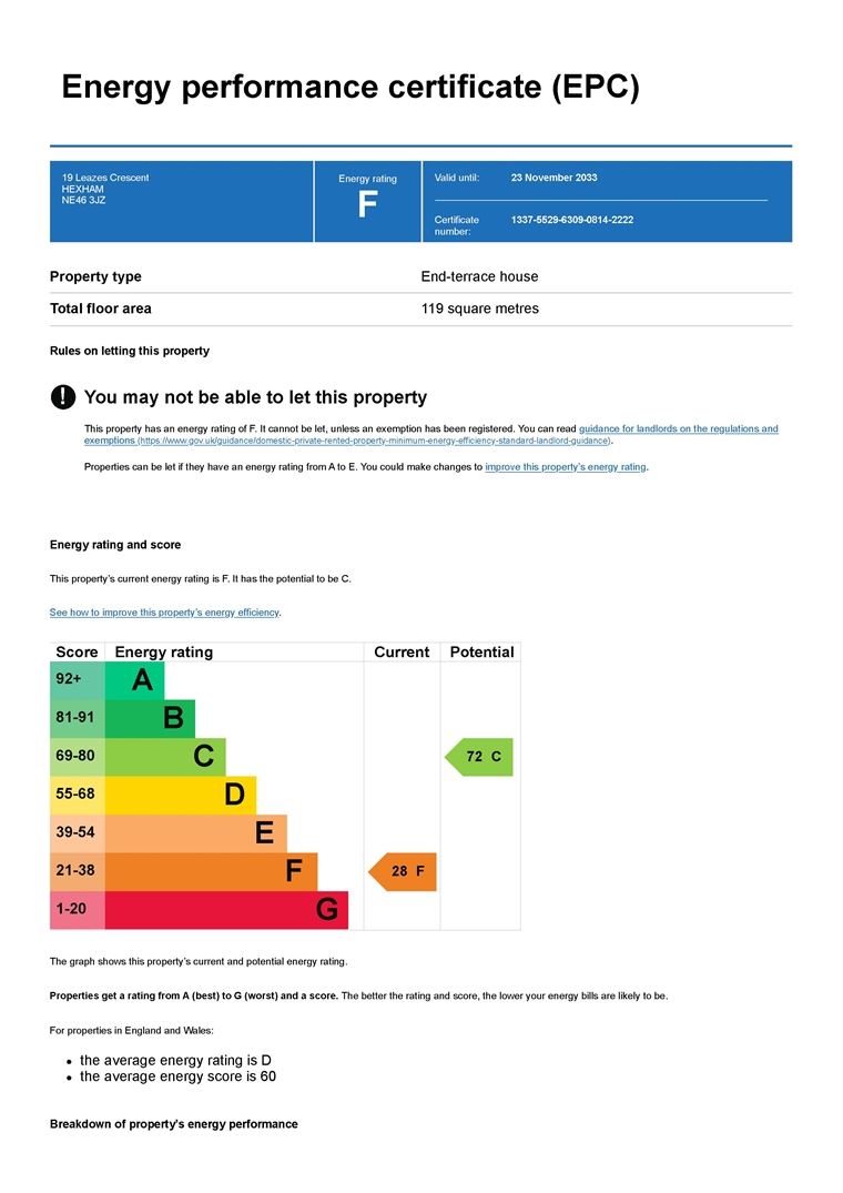 3 bedroom end of terrace house for sale in Leazes Crescent, Hexham, , NE46