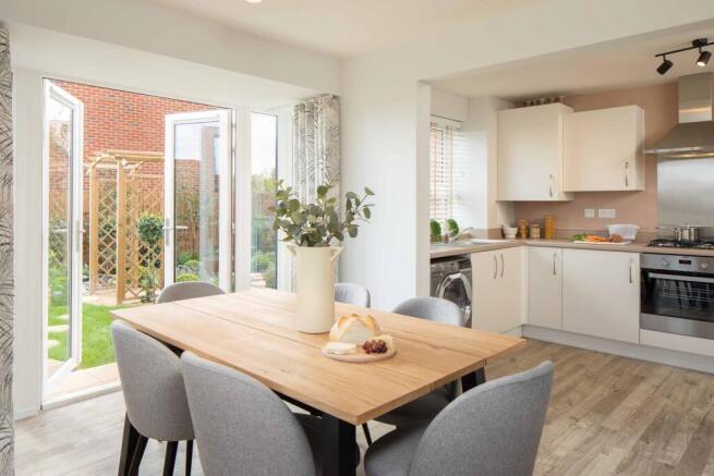 Morpeth internal kitchen and dining room with french doors, barratt homes, orchard green, kingsbrook