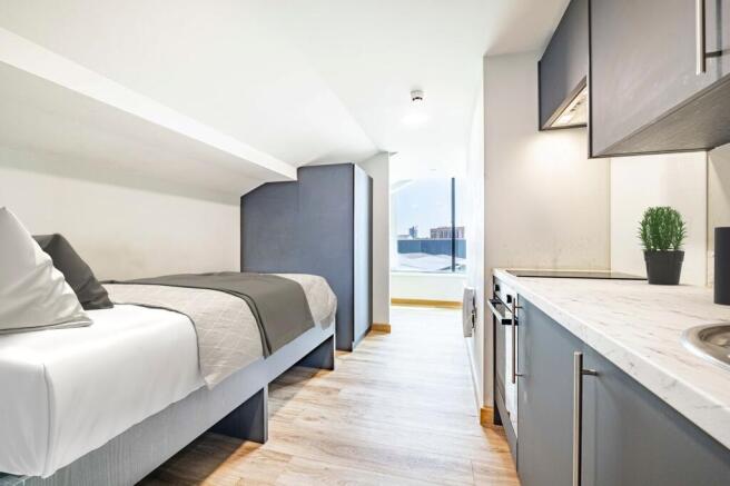 Bedroom, kitchen & living area