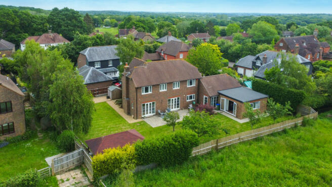 Elevated view of the back of the house and garden