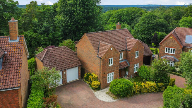 Elevated front of the house with woodland at the back