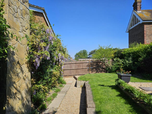 rear garden with in bloom wisteria