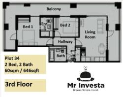 2 bed, 2 bath, balcony