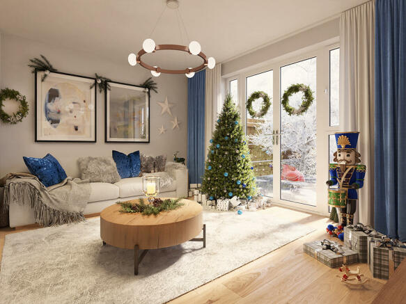 Internal CGI of the kingsville lounge at christmas - blue and silver scheme