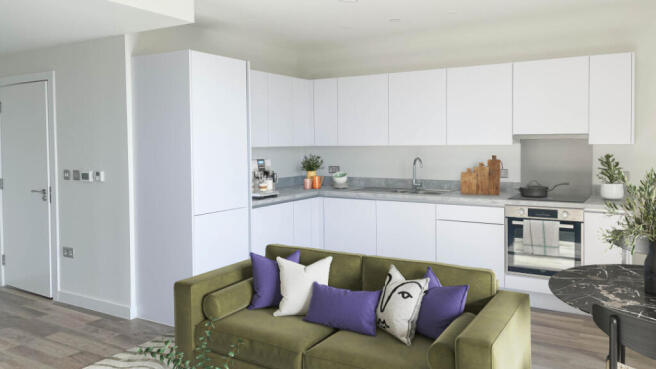 Kitchen/living area with fully integrated appliances