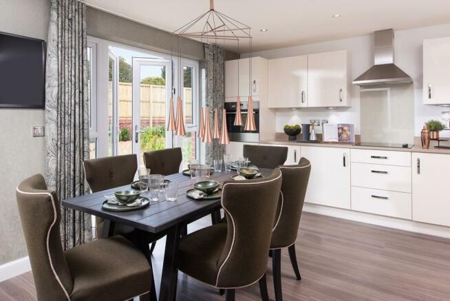 Open plan kitchen dining space in the Hale housetype with french doors opening out to the rear garde