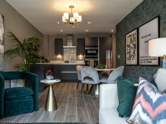 Image of stylish open-plan kitchen dining area in an apartment at Stonehaven Park