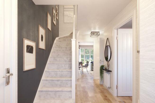 The welcoming hallway includes useful under stair storage