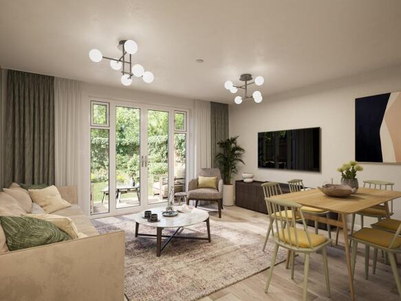 The living/ dining area features double doors to the garden