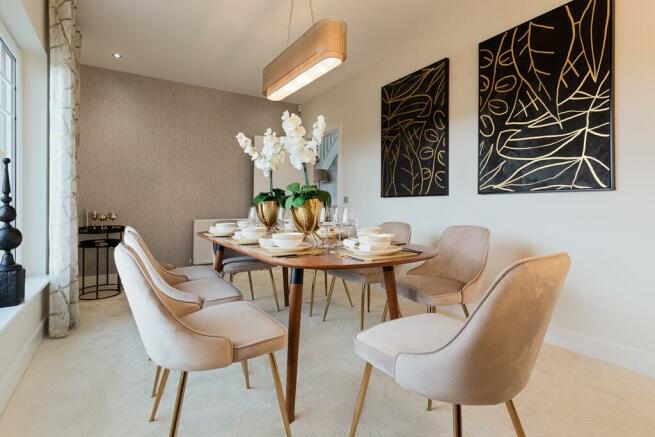 The dining area provides an inviting space to entertain friends