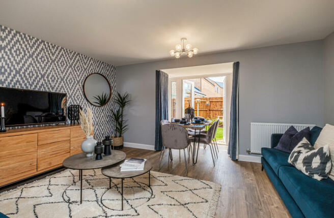 Interior view of the lounge & dining space in our 4 bed Woodcote