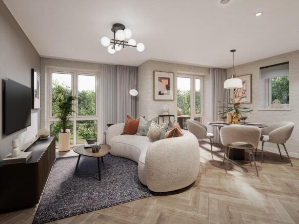 Full-height windows in the open-plan living area fills the space with natural light, creating a war
