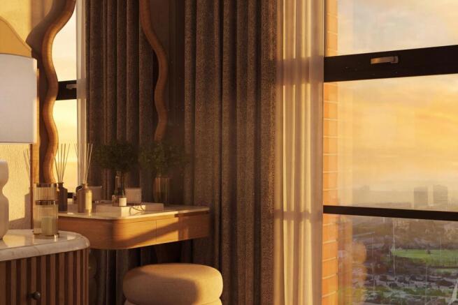 Dusk image of vanity mirror and make up dresser