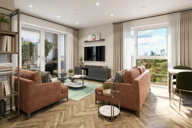 Sociable open plan living area CGI. Park & river views subject to home