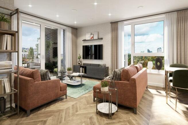 Sociable open plan living area CGI. Park & river views subject to home.