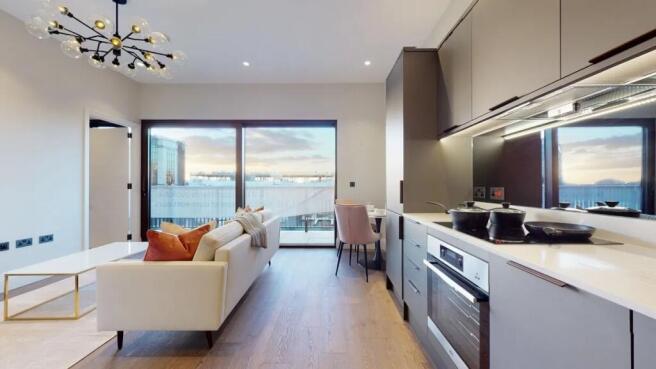A stylish modern living room with an integrated...