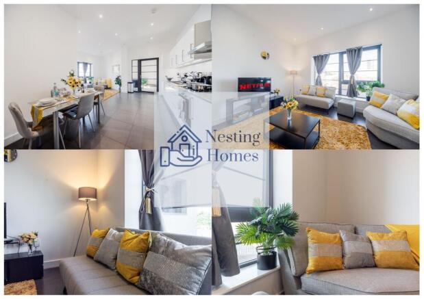 Bright and modern living room with large window...