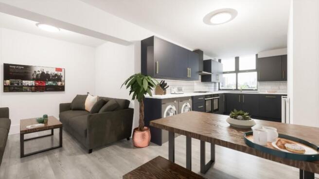 A spacious and modern living room with ample na...