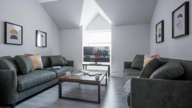 This contemporary living room features a stylis...