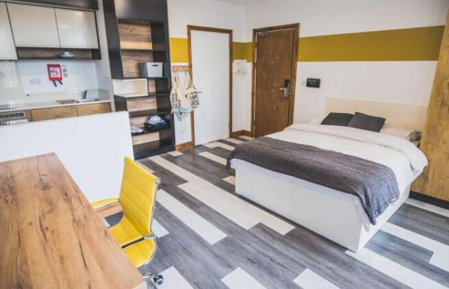 Bright and modern master bedroom featuring a co...