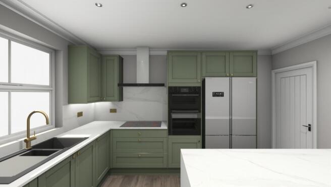 A modern, bright kitchen with stylish green cab...
