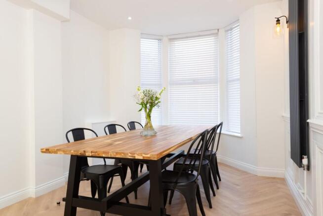 Bright, modern dining/living area with a solid ...