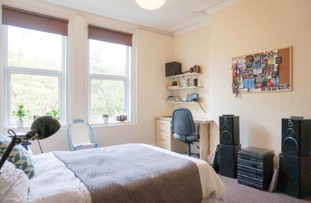 Bright, well-kept bedroom with two large sash w...