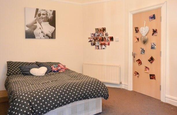 Cozy double bedroom with a patterned duvet, dec...