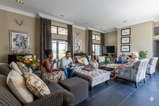 Relaxing living space with doors to front patio