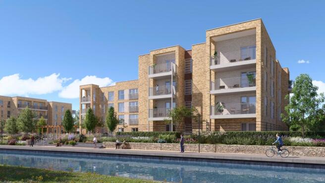 Artist impression: Exterior building overlooking the canal and walkway  