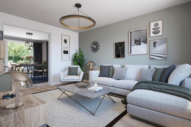 A generously sized lounge with double doors leading to the kitchen