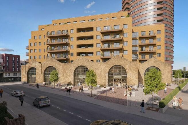 The tram shed arches restoration sits central to Rivermark's bustling plaza