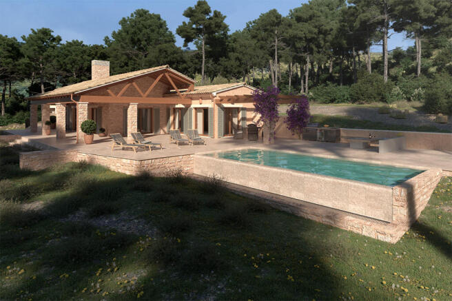 House and pool surrounded by woodland