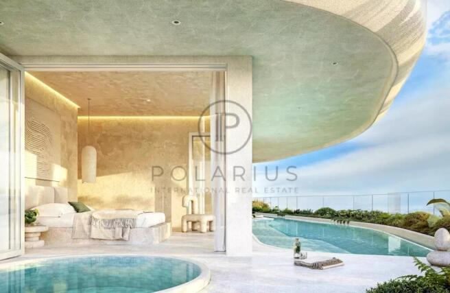 Luxurious modern bedroom with a poolside view, fea