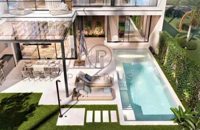 Modern home with a sleek pool, outdoor dining area