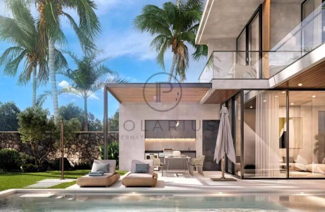 Modern luxury home with large windows, a pool, sun