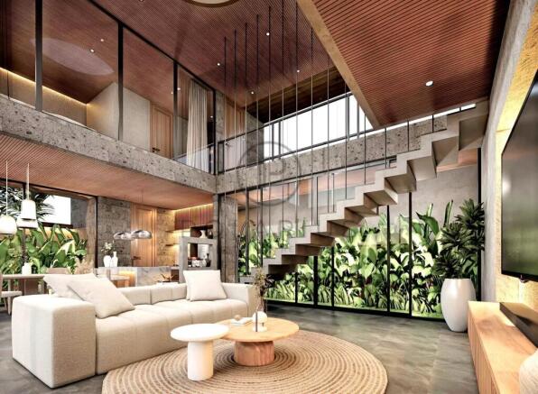 Modern living room with a high ceiling, featuring