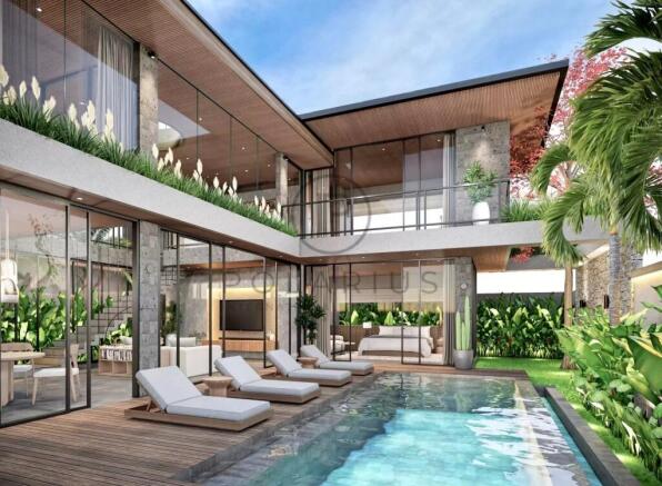 Modern villa with a pool, surrounded by greenery a