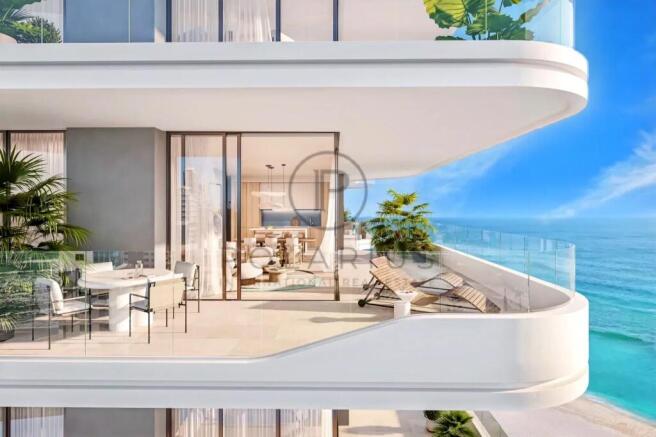A modern luxury apartment balcony overlooking the 