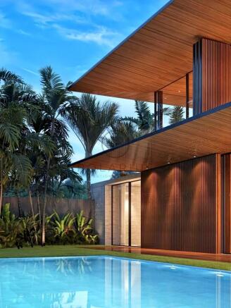 Modern house with a wooden exterior, next to a poo