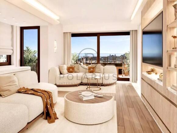 This is a bright, modern living room with large wi