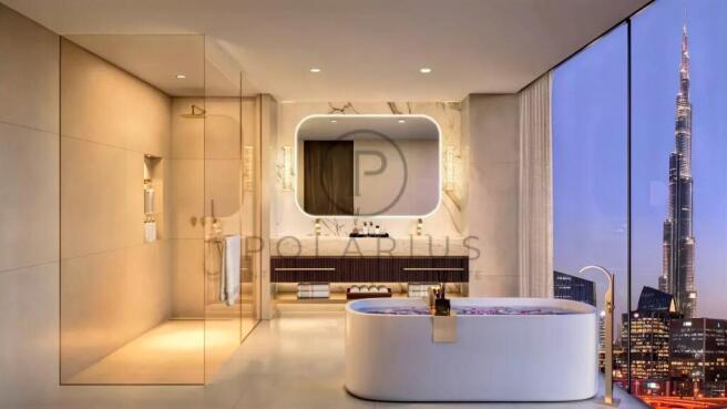 Luxurious bathroom with a bathtub, large mirror, a