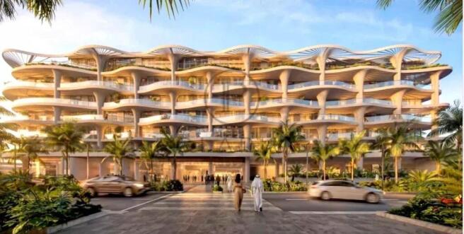 The image depicts a modern, multi-story building w