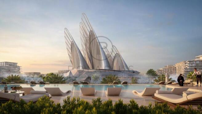 Futuristic architectural structure with sail-like 