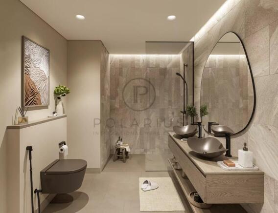 This image shows a modern bathroom with neutral-to