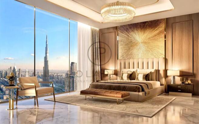 Luxurious bedroom with elegant furnishings, featur