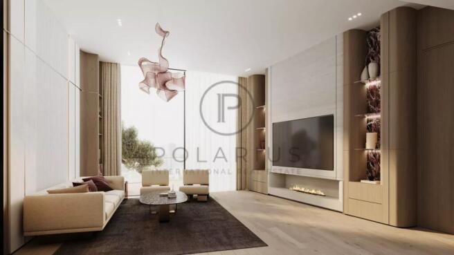 A modern living room features a minimalist design