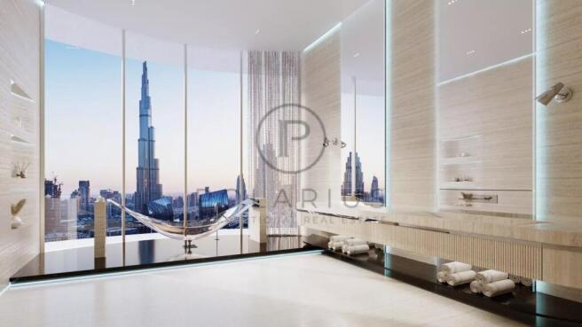Luxurious bathroom with a large window view of a c