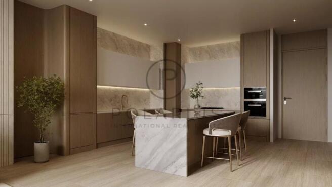 A modern kitchen interior with sleek cabinetry, a
